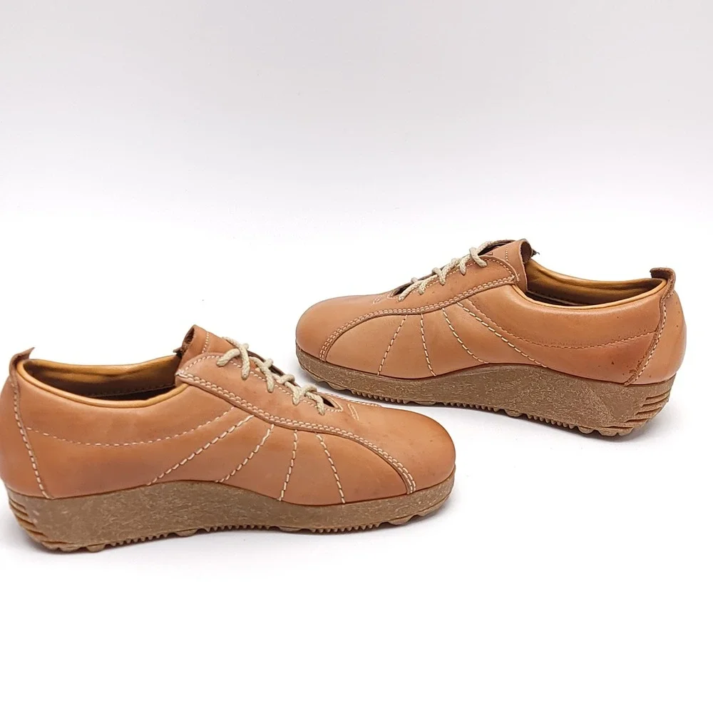 Armadillo Casual Tan Leather Platform‎ Shoes Sunburst Stitch Wedge Oxford 7.5